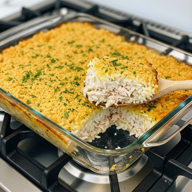 A rectangular glass baking dish holds a creamy, baked rice casserole with a golden-brown crust sprinkled with green herbs on top. The smooth, firm surface slightly browns in spots, while a wooden spoon lifts a scoop of the casserole showing layers of soft white rice mixed with tender pieces of shredded light brown chicken inside. The casserole sits on a stove with dark grates and a white marbled surface visible around it. Photo taken with an iphone --ar 4:5 --v 7