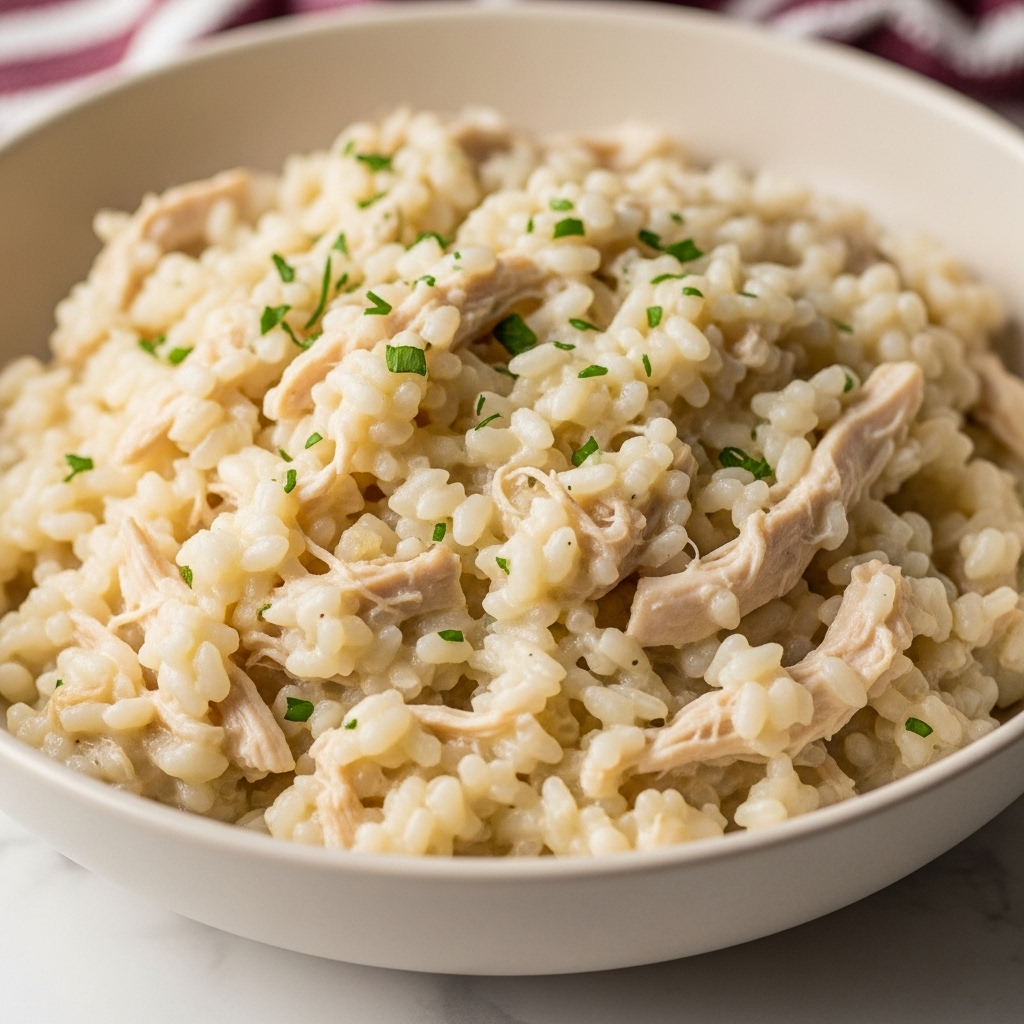 A close-up of a beige bowl filled with creamy risotto mixed with shredded chicken, showing a soft, slightly shiny texture with visible small rice grains and chicken pieces. The risotto is lightly speckled with green bits of chopped herbs scattered on top. The bowl is placed on a white marbled surface with a hint of a maroon and white patterned cloth slightly visible in the background. The risotto has one thick creamy layer, evenly spread inside the bowl. Photo taken with an iphone --ar 4:5 --v 7