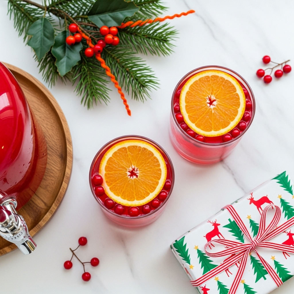 Two clear glasses filled with a bright red drink are placed on a white marbled surface. Each glass contains floating red berries and two thick, bright orange slices arranged side by side on top. To the left, part of a red dispenser with a shiny metal tap sits on a wooden tray. In the top left corner, green pine tree branches with orange stems add a festive touch. At the bottom right, a gift wrapped in white paper with green Christmas trees and reindeer patterns is tied with a red and white striped ribbon. A few loose red berries are scattered around the scene. Photo taken with an iphone --ar 4:5 --v 7