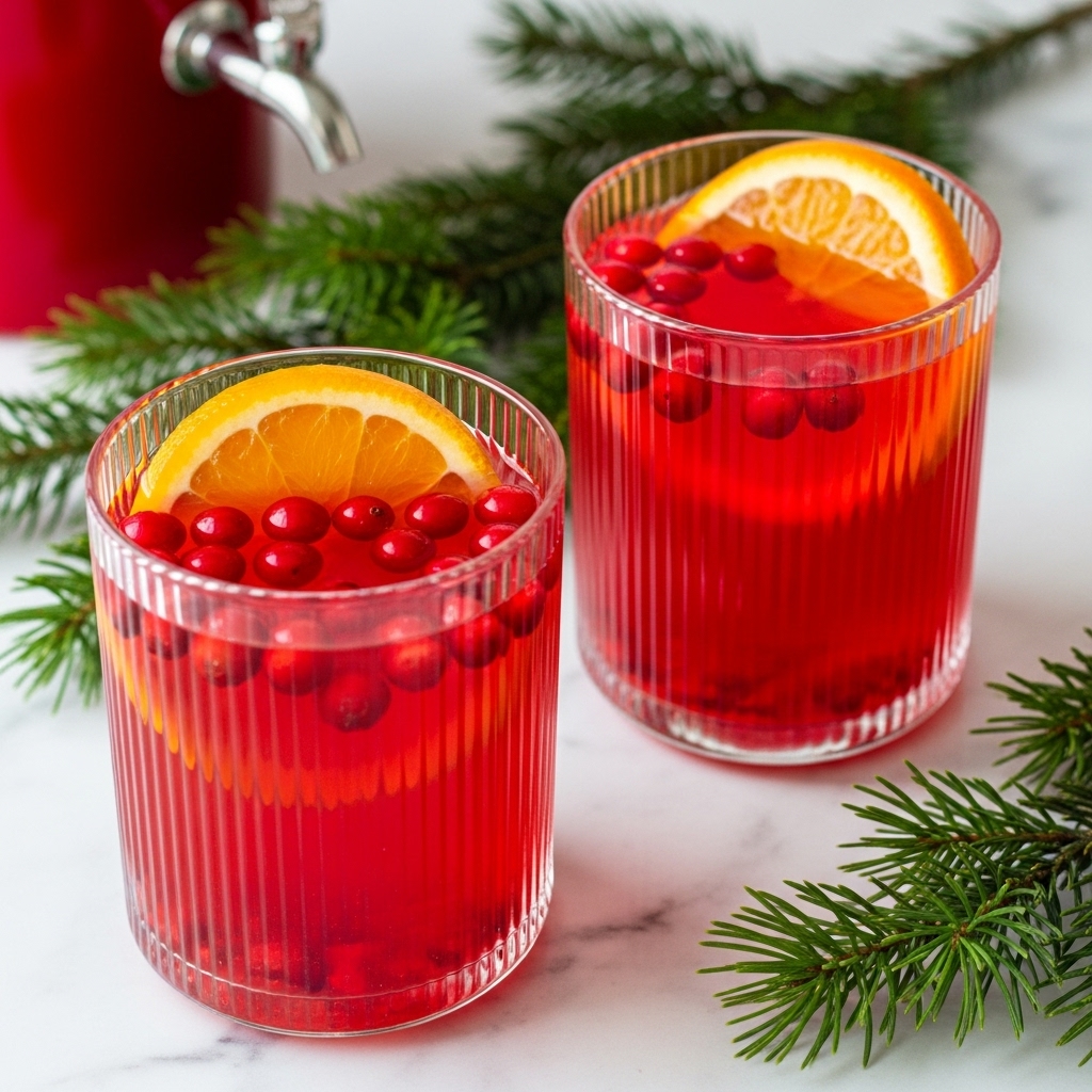 The image shows two clear ribbed glasses filled with a bright red drink, each containing small round red berries spread throughout the liquid. On top of the drink, there is a slice of orange resting against the inner rim of the glass. The background includes a red container with a silver spout, and a sprig of green pine needles on a white marbled surface. The overall look is fresh and festive, with the red drink and colorful fruit creating a vivid contrast against the white marble. photo taken with an iphone --ar 4:5 --v 7