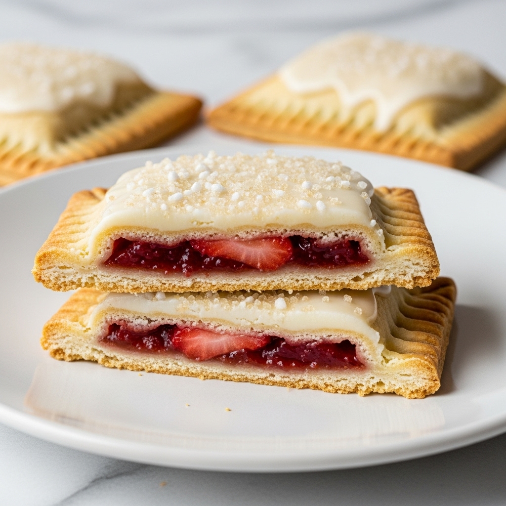 The image shows two rectangular pastries on a white plate, each with three layers: the bottom layer is a light golden, flaky crust, the middle layer is a reddish-brown fruit filling visible from the cross-section, and the top layer is a smooth white icing sprinkled with coarse sugar crystals. The pastries have slightly crimped edges, and one is cut in half and laid on top of the other, revealing the inside layers. All is set on a white marbled textured surface. photo taken with an iphone --ar 4:5 --v 7