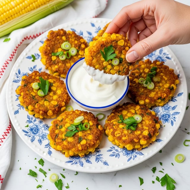 The image shows a white plate with a blue floral pattern, holding five golden-brown corn fritters. Each fritter is round and thick, with visible yellow corn kernels and a crispy, textured surface. They are garnished with chopped green onions and fresh parsley, adding small green patches on top. One fritter is partially dipped in thick white dipping sauce served in a small white bowl with a blue rim placed on the plate. A woman's hand is picking up a fritter from the plate. The white marbled surface under the plate has some scattered herbs and a corn cob in the background, with a white cloth featuring red stitching partly visible. photo taken with an iphone --ar 4:5 --v 7