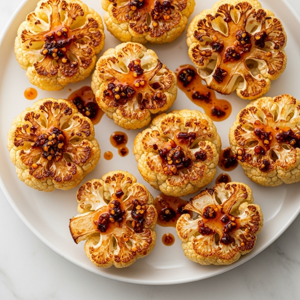 The image shows several roasted cauliflower florets on a white plate, placed on a white marbled texture. Each floret has a golden-brown, crispy texture on the outer edges with a tender light-yellow center. A glossy chili oil sauce with visible chili flakes and seeds is drizzled over the cauliflower, pooling slightly on the plate and adding specks of red and orange color. The florets are arranged closely together, with some overlapping, showing a mix of rounded and slightly jagged edges covered in the sauce. photo taken with an iphone --ar 4:5 --v 7