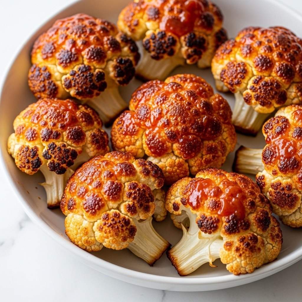 The image shows a close-up of several roasted cauliflower florets arranged in a white bowl. Each floret has a golden-brown, crispy texture on the outside with some dark charred spots, showing they are well roasted. The top parts are covered with a shiny, sticky layer of reddish-orange sauce, giving a glossy look. The white stems of the cauliflower are visible beneath the florets. The bowl sits on a white marbled textured surface. photo taken with an iphone --ar 4:5 --v 7