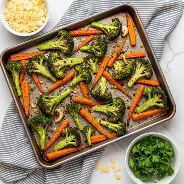 A metal baking tray filled with roasted broccoli and carrot sticks, both charred lightly and showing bright green and orange colors, scattered over the tray with small bits of seasoning and garlic. A white bowl filled with light yellow cheese flakes is placed on the top left of the tray. Another white bowl on the bottom right holds fresh green parsley leaves. The tray rests on a gray and white striped cloth on a white marbled surface, with some cheese flakes scattered nearby. Photo taken with an iphone --ar 4:5 --v 7