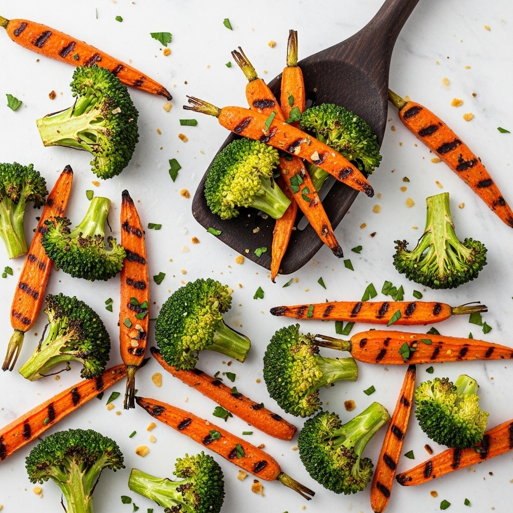 The image shows roasted broccoli florets and carrot sticks scattered on a white marbled textured surface, with a dark wooden spatula lifting a small bunch of the vegetables. The broccoli is bright green with some crisp, darkened edges while the carrot sticks are vivid orange with browned grilled marks. Small flakes of seasoning and fresh chopped herbs are sprinkled over the vegetables, adding texture and color contrast. The scene looks rustic and fresh with the vegetables evenly spread around, highlighting their vibrant colors and roasted texture. photo taken with an iphone --ar 4:5 --v 7