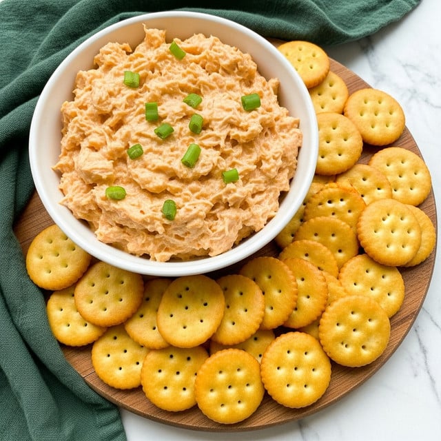 A white bowl filled with creamy chicken dip mixed with a light orange sauce sits on the top left of a wooden cutting board. The dip has a chunky texture with visible shredded chicken and is topped with small green onion pieces for color. Surrounding the bowl, there is one layer of round golden crackers with small holes evenly spaced across each cracker. The cutting board is placed on a white marbled surface with a dark green cloth draped behind the upper left side. photo taken with an iphone --ar 4:5 --v 7