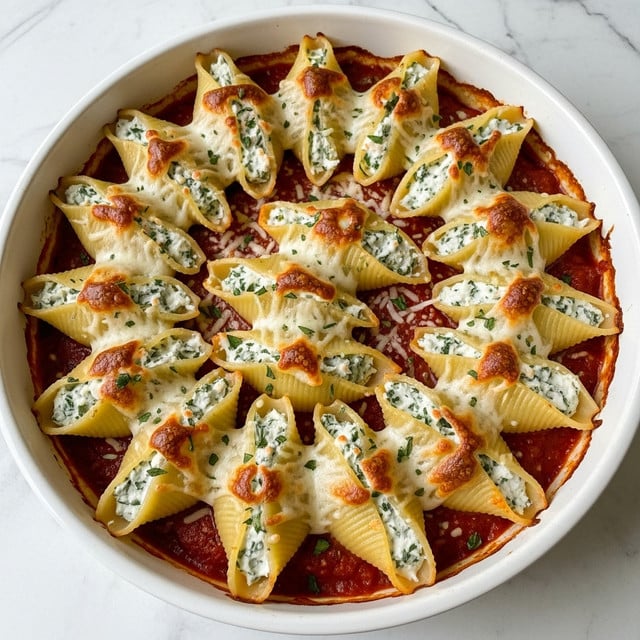 A white round baking dish is filled with large pasta shells arranged upright in layers, each shell stuffed with a creamy white cheese mixture mixed with green herbs. The shells are nestled in a thick red tomato sauce that lines the bottom and edges of the dish. Melted melted cheese with light golden-brown spots tops the shells, sprinkled with extra herbs and small bits of grated cheese, giving a textured and bubbly appearance. The dish rests on a surface with white marbled texture. photo taken with an iphone --ar 4:5 --v 7