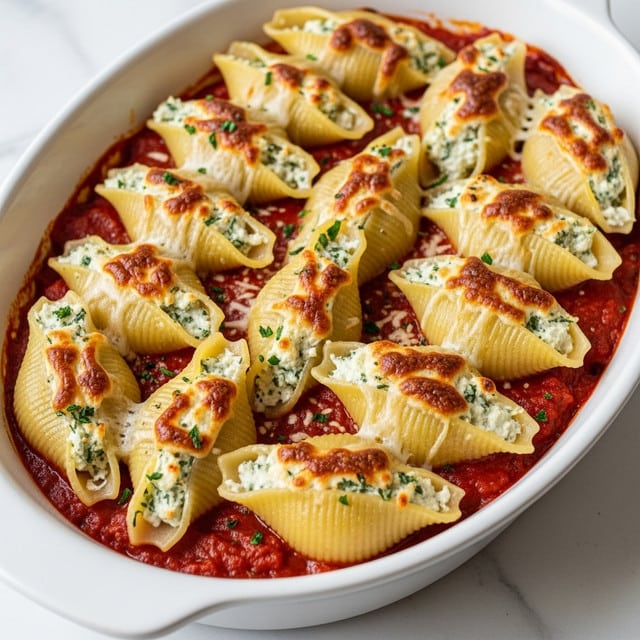 A close-up of a white oval dish filled with large pasta shells stuffed with a creamy white and green mixture of cheese and herbs, arranged in rows. The shells are sitting on a rich red tomato sauce base that fills the dish, with some sauce visible around the edges. The tops of the shells are browned slightly with melted cheese and sprinkled with green herbs, creating a textured surface. The dish rests on a white marbled texture. photo taken with an iphone --ar 4:5 --v 7