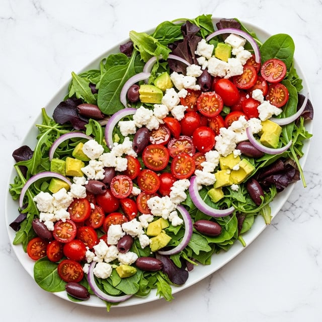 A white oval plate filled with a fresh mixed green salad as the base layer, featuring various leafy greens with different shades of green and purple, creating a textured and vibrant background. On top of this is a layer of halved bright red cherry tomatoes scattered evenly, adding pops of color and shine. Thin slices of pale purple onion are spread throughout, adding a light sheen and subtle curves. Cubes of creamy white feta cheese sprinkled all over provide a soft, crumbly texture. Small chunks of light green avocado and deep purple olives are scattered on top, offering color contrast and variety. The plate is placed on a white marbled textured surface, with a clean and bright look. Photo taken with an iphone --ar 4:5 --v 7