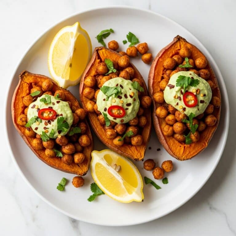 Baked Sweet Potatoes with Chickpeas and Broccoli Pesto Recipe