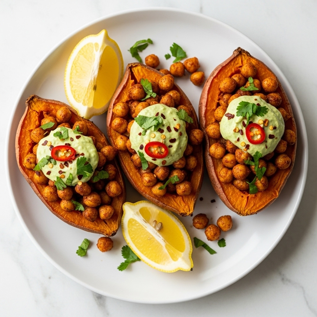 Baked Sweet Potatoes with Chickpeas and Broccoli Pesto Recipe
