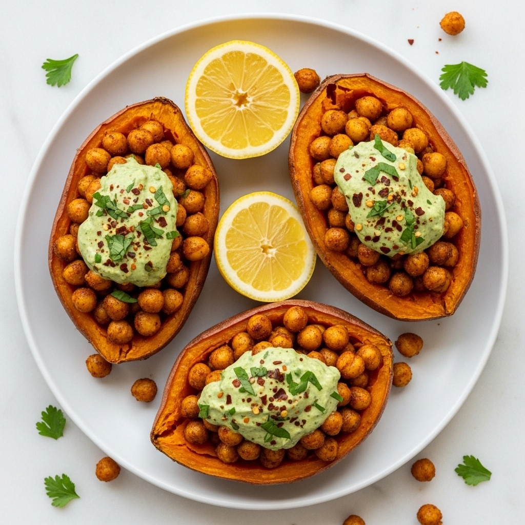 The dish shows two halves of roasted sweet potato placed side by side on a white plate, each half filled with golden brown, spiced chickpeas scattered evenly on top. On one half, there is a dollop of bright green guacamole positioned centrally, sprinkled with small red chili flakes and fresh chopped herbs. The sweet potato skin is a deep purple-brown, contrasting with its soft and shiny orange flesh. In the background, there are two lemon wedges placed near the sweet potato halves. Small scattered bits of chopped herbs and red chili flakes are visible on the plate and the white marbled surface beneath. photo taken with an iphone --ar 4:5 --v 7