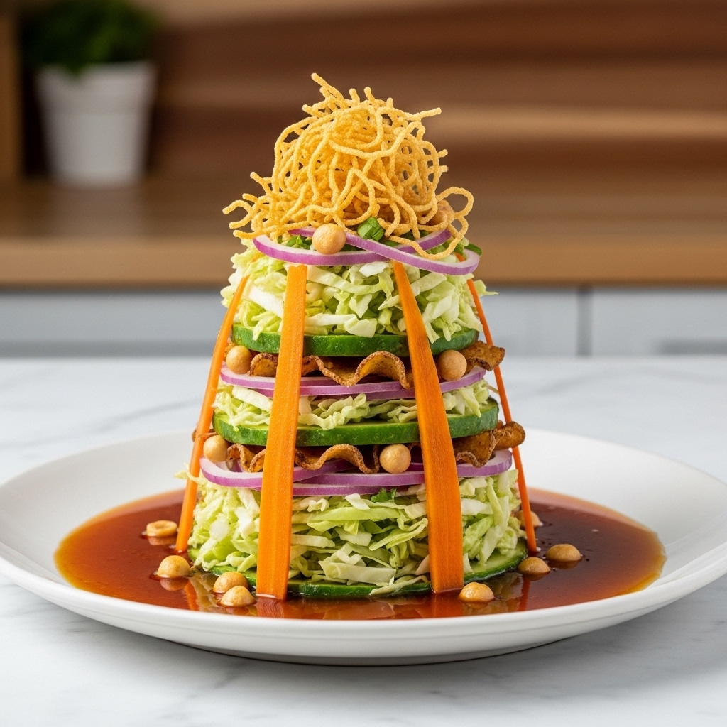A tall, cone-shaped salad sits on a white plate, layered with shredded light green cabbage mixed with thin slices of purple onion and pieces of green crunchy vegetables. There are long, thin orange strips of carrot placed vertically around the salad. Small round beige nuts or seeds are scattered throughout the layers. The salad is topped with a crispy pile of thin, golden fried strands. The base of the plate holds a dark brown sauce that surrounds the salad. The whole dish is on a white marbled counter with a wooden kitchen background. Photo taken with an iphone --ar 4:5 --v 7
