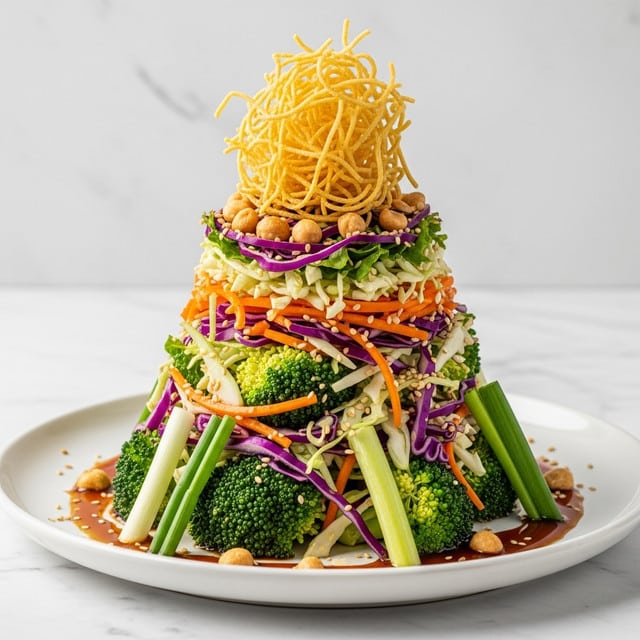 A tall cone-shaped salad sits on a white plate on a white marbled surface, starting with a base of shredded broccoli and cabbage mixed with thin carrot strips and purple cabbage shreds, creating a colorful and textured layer. Scattered throughout are small round nuts and sesame seeds, adding a crunchy element. Bright green chopped scallions peek out from the sides, while a dark brown dressing pools around the base of the salad. Crowning the mound is a generous nest of thin, crispy fried strands, standing tall and golden brown on top. Photo taken with an iphone --ar 4:5 --v 7
