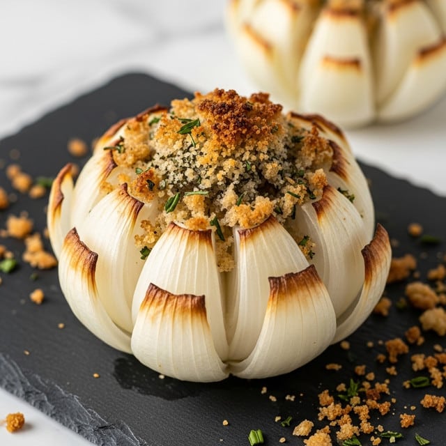 The image shows a close-up of a baked whole onion styled to look like a flower, with about 10 white layers peeled back to create petals. The edges of these layers are golden brown and crispy from baking. The top center of the onion is covered with a layer of crunchy, browned breadcrumbs mixed with small green herbs sprinkled throughout. The onion rests on a dark gray slate serving board with scattered toasted breadcrumb crumbs around it. Another similar onion is blurred in the background. The setting has a white marbled texture beneath the slate. photo taken with an iphone --ar 4:5 --v 7