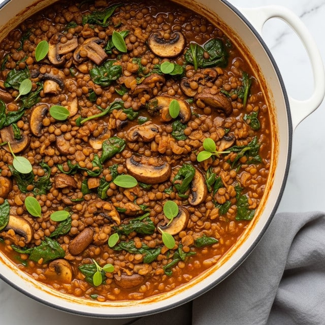 A close-up view of a large white pot filled with a thick stew made of cooked lentils and sliced brown mushrooms, mixed with chopped green spinach and small green herbs scattered on top. The stew has a rich brown-orange sauce with visible chunks of mushrooms and leafy greens throughout. The pot sits on a white marbled surface with a grey cloth partially underneath it. photo taken with an iphone --ar 4:5 --v 7