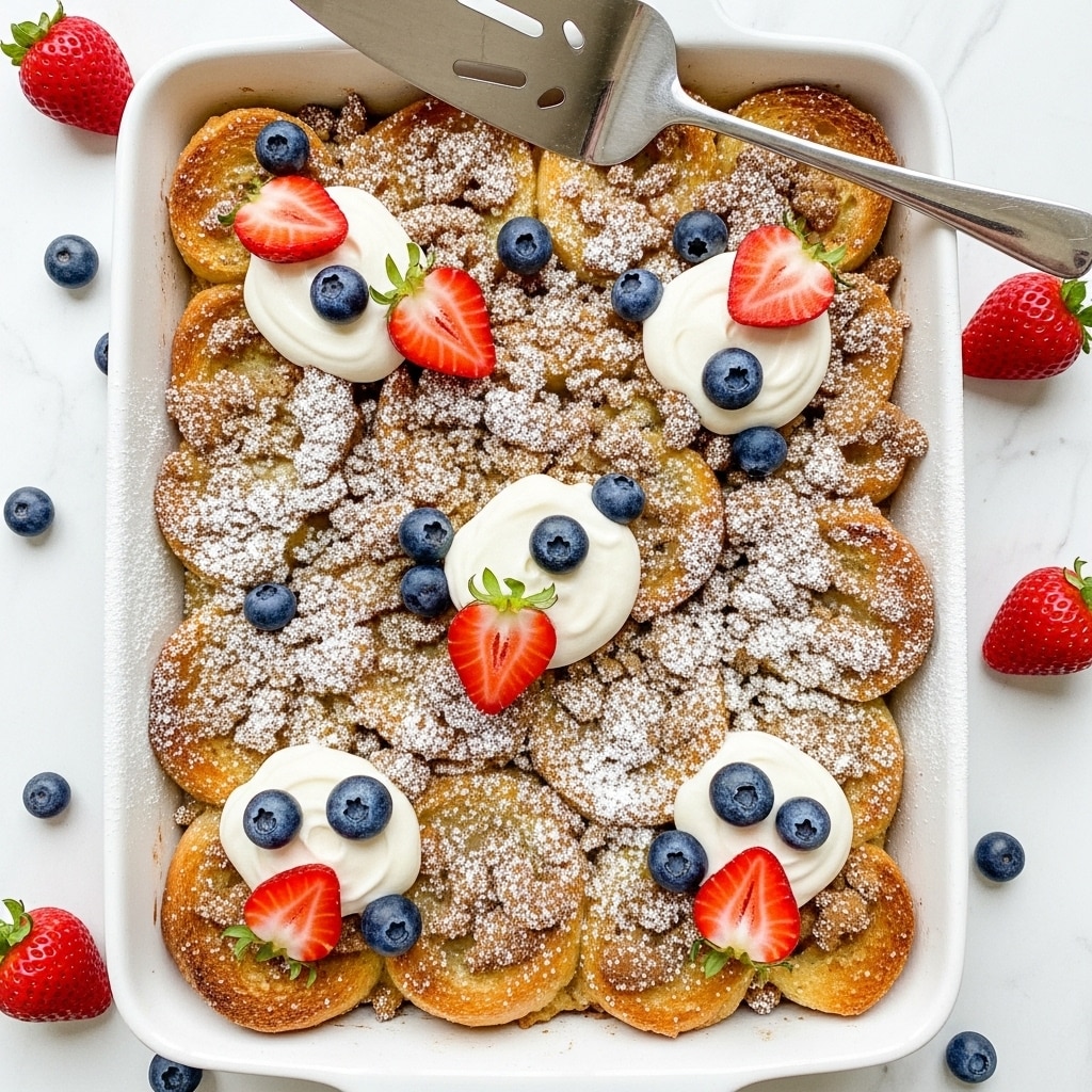 A white rectangular dish filled with a bread pudding made of golden-brown toasted bread pieces layered throughout, topped with crumbled streusel that is light brown and crumbly. Dollops of smooth white cream are scattered across the top, with fresh blueberries and halved strawberries adding bursts of deep blue and red. Light powdered sugar dusts the entire dish, giving a soft white frost over the bread. A silver serving spatula rests on the top right edge of the dish. The scene sits on a white marbled surface with extra blueberries and strawberries around the dish. photo taken with an iphone --ar 4:5 --v 7