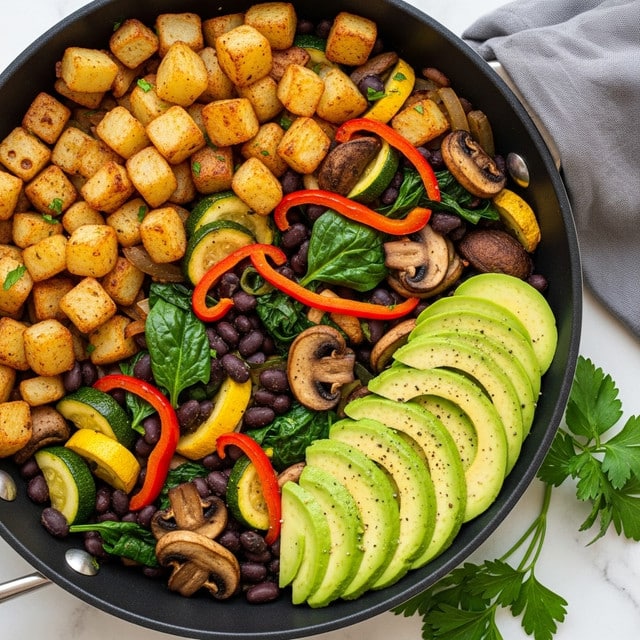 A cast iron skillet filled with a colorful mix of diced golden brown potatoes, yellow and green zucchini cubes, sautéed spinach leaves, slices of red bell pepper, black beans, and browned mushrooms. On top, there is a fan of five slices of fresh light green avocado, sprinkled lightly with black pepper. The skillet is placed on a white marbled surface with some green parsley stems and a folded grey and white cloth nearby. The mix of vegetables creates a vibrant and fresh look with warm, cooked textures. photo taken with an iphone --ar 4:5 --v 7
