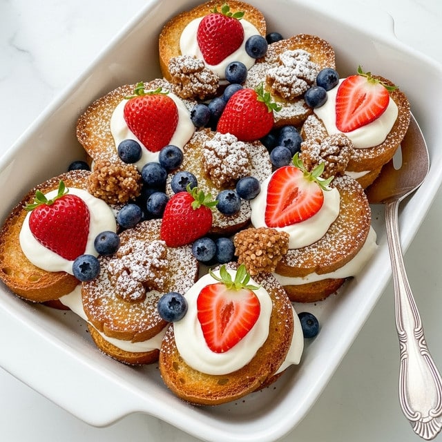 A white rectangular baking dish filled with a layered dessert made of golden brown toasted bread pieces with a crispy texture on top, sprinkled lightly with powdered sugar; dollops of creamy white yogurt or whipped cream are spread between the bread; fresh blueberries and whole and halved strawberries add bright blue and red colors on top, along with small clusters of crumbly brown nuts or streusel scattered throughout; a silver serving spatula with a detailed handle rests on the edge of the dish, which is set on a white marbled surface. photo taken with an iphone --ar 4:5 --v 7