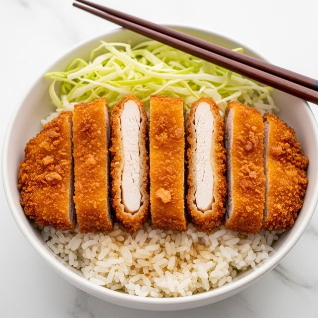 A white bowl filled with a base layer of fluffy white rice, topped with a layer of thick, golden-brown crispy fried chicken slices arranged neatly side by side, showing the white juicy meat inside each slice, with shredded light green cabbage placed at the edge of the bowl, dark wooden chopsticks resting on the rim, all set against a white marbled surface. photo taken with an iphone --ar 4:5 --v 7