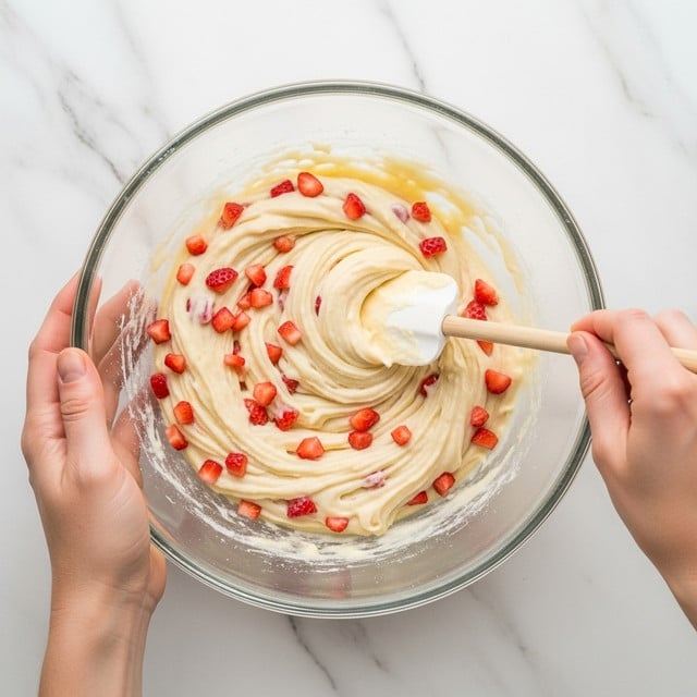 A clear glass bowl held by a woman's hand at the bottom left contains a creamy light yellow batter mixed with small pieces of red strawberries spread evenly throughout. Another woman's hand on the right side is using a light wooden spatula to stir the mixture, creating soft swirls and folds on the surface of the batter. The background is a smooth white marbled texture. photo taken with an iphone --ar 4:5 --v 7