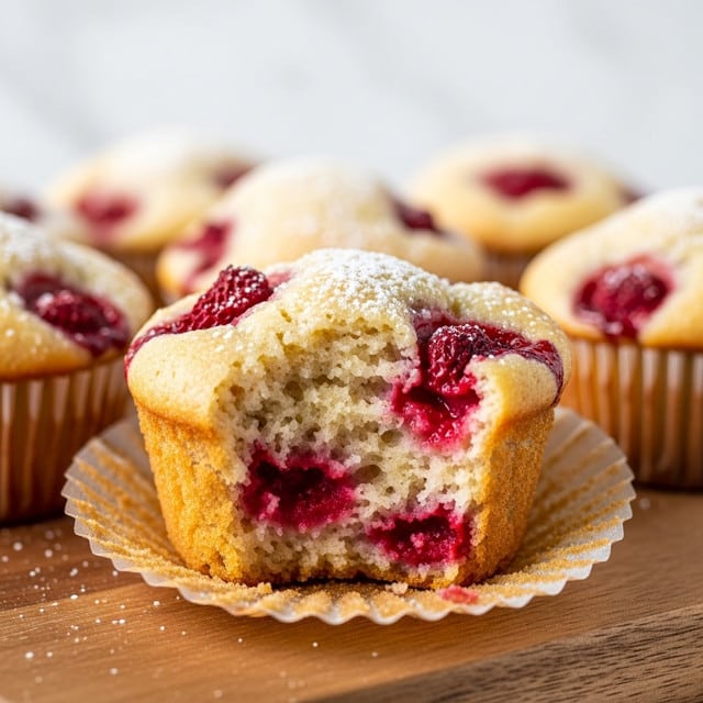 A close-up of a single muffin with one bite taken out of it, revealing a soft, moist inside filled with pieces of red fruit throughout. The muffin has a light golden-brown top with a dusting of powdered sugar, and the texture looks fluffy and tender. The muffin sits on a wooden cutting board, with several whole muffins blurred in the white marbled background. Photo taken with an iphone --ar 4:5 --v 7