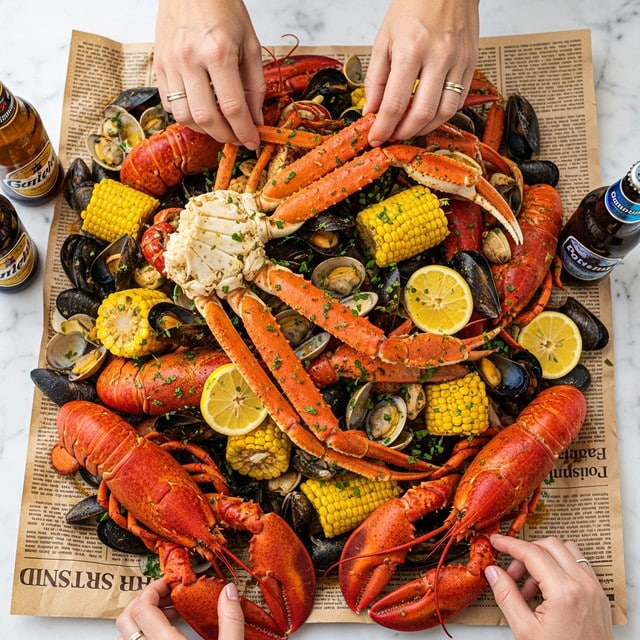 A large pile of seafood is placed on crumpled brown paper with printed text, resting on a white marbled surface. The dish has many layers: the bottom layer is made of lobsters with their red shells; above are bright orange crab legs with white joints; next, there are black mussels and white clams scattered throughout; yellow corn on the cob pieces are placed between the seafood. Thin lemon slices with yellow rind sit on top, adding freshness. The seafood is covered in green herbs and light seasoning with a shiny, moist texture. Three different hands, including a woman's hand with yellow nail polish, reach in to grab the seafood. Two bottles of beer stand on the white marbled surface next to the pile. photo taken with an iphone --ar 4:5 --v 7