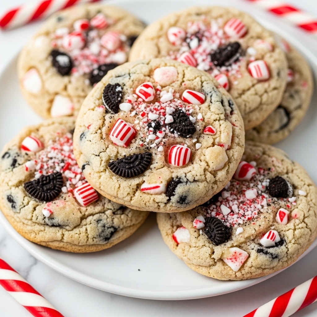 The image shows a close-up of several soft, round cookies stacked on a white plate. Each cookie has a light beige dough base with visible chunks of crushed peppermint candy and dark cookie pieces mixed throughout. The top surface of the cookies is sprinkled with small red and white peppermint bits and black cookie crumbs, giving a textured look with a mix of light and dark colors. Pieces of striped red and white peppermint sticks are around the plate on a white marbled surface. Photo taken with an iphone --ar 4:5 --v 7