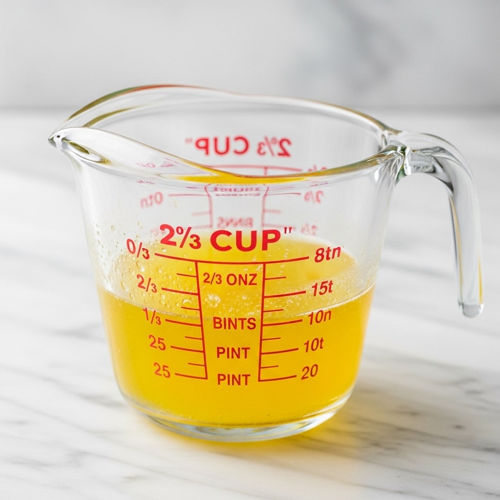 A clear glass measuring cup filled with light yellow melted butter, showing visible droplets of moisture on the inside glass. The measuring cup has red measurement markings showing up to 2/3 cup with text indicating ounces and pints. It sits on a white marbled textured surface with a blurred background. Photo taken with an iphone --ar 4:5 --v 7