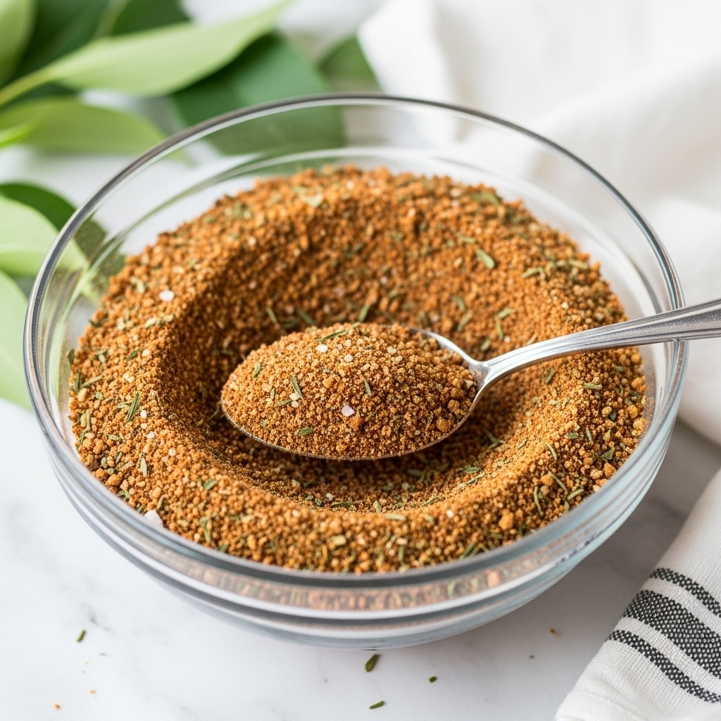A clear glass bowl filled with a dry spice mix that has a coarse texture, mainly orange-brown with specks of white salt and green herbs scattered throughout. A silver spoon is scooping some of the spice mix in the bowl. In the background, there are soft green leaves and a white cloth with thin black stripes resting on a surface with a white marbled texture. photo taken with an iphone --ar 4:5 --v 7