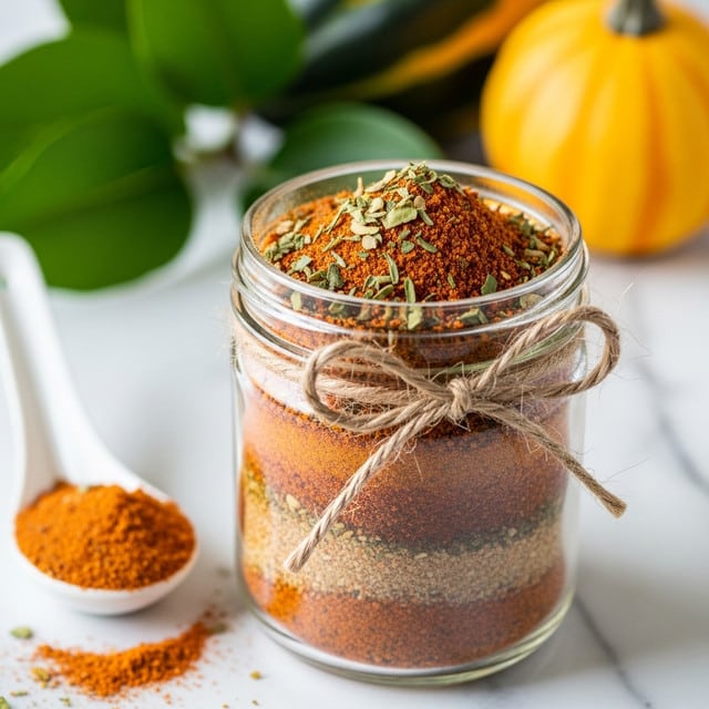 A close-up view of a small glass jar filled to the top with a mixed seasoning blend, showing layers of finely ground orange, red, and light brown spices, mixed with small green herb flakes scattered on top. The jar is tied with a rough brown twine bow around its neck. In the background, out of focus, there are green leaves and a yellow-orange gourd placed on a white marbled surface. A white spoon to the left holds some of the same spice blend next to the jar. photo taken with an iphone --ar 4:5 --v 7