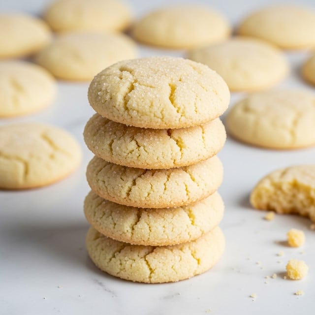 A stack of six light golden sugar cookies with a soft, slightly crumbly texture is centered on a white marbled surface. Each cookie is round and dusted with a fine layer of sugar crystals that sparkle gently. The cookies show subtle cracked tops and soft edges, creating a delicate appearance. In the background, more cookies lie scattered flat, slightly out of focus, adding depth to the image. Crumbs from a partially eaten cookie are visible in the lower right corner, enhancing the sense of freshness. Photo taken with an iphone --ar 4:5 --v 7