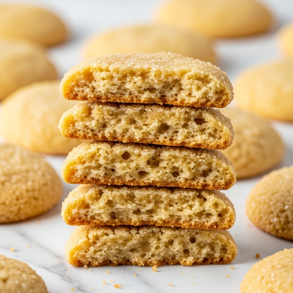 The image shows a close-up of a stack of five broken pieces of pale golden brown cookies with a soft, crumbly texture and sugar crystals visible on the surface. The cookies are stacked unevenly, showing their thickness and porous inside. There are more whole cookies with the same texture blurred out in the background, arranged on a white marbled surface. The focus is sharp on the stack in front, highlighting the rough edges and light, fluffy crumb structure. photo taken with an iphone --ar 4:5 --v 7