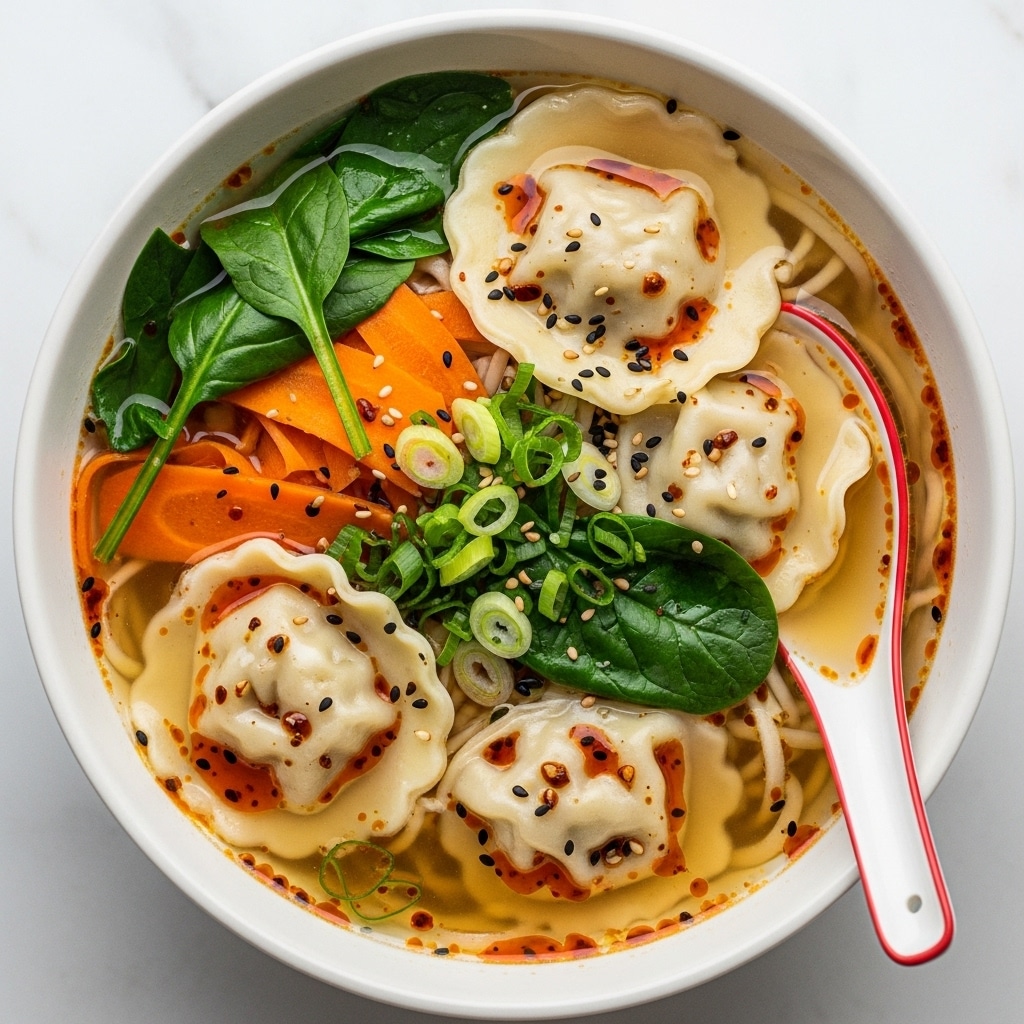 A white bowl filled with a noodle soup showing a few large ravioli-like dumplings floating in a clear broth. The first layer is the smooth, pale dough of the dumplings with a soft texture. Around them, there are thin orange strips of carrot and bright green spinach leaves, some folded and slightly wet from the broth. Scattered on top are chopped green onions and small black sesame seeds. The soup has reddish-brown chili oil droplets dispersed unevenly across the surface, adding color and texture. A spoon with a white bowl and a red handle rests in the soup on the right side of the bowl. The bowl is on a white marbled surface. photo taken with an iphone --ar 4:5 --v 7