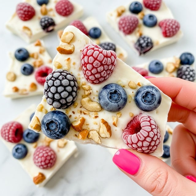 A close-up image of a piece of frozen yogurt bark held by a woman's hand with pink nail polish. The bark has one thick white layer of frozen yogurt embedded with frozen blueberries and raspberries, along with chopped nuts scattered throughout. In the background, more pieces of the same bark are visible, all placed on a white marbled surface. The texture of the frozen yogurt layer looks creamy but solid, while the berries are frosty and bright, adding strong red and blue colors to the bark. Photo taken with an iphone --ar 4:5 --v 7