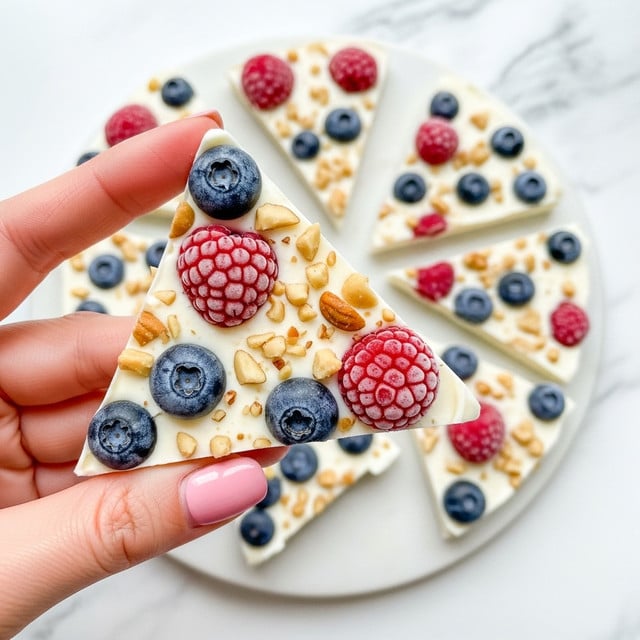 A triangular piece of frozen white yogurt bark is held by a woman's hand with pink nail polish, showing scattered whole blueberries and raspberries embedded within the creamy white layer, along with small bits of chopped nuts dispersed evenly throughout; in the background, more pieces of the yogurt bark rest on a white marbled surface, displaying the same colorful combination of frozen berries and nuts. photo taken with an iphone --ar 4:5 --v 7