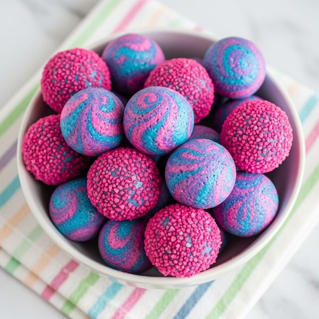 A white bowl filled with shiny, round, smooth cake balls that have a marbled swirl of light purple, blue, and pink colors. Some cake balls are sprinkled with bright pink sugar crystals, while a few are fully coated with these crystals, creating texture contrast. The bowl is placed on a soft cloth with pastel stripes in blue, pink, and green, all set on a white marbled surface. photo taken with an iphone --ar 4:5 --v 7