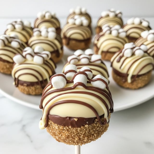 The image shows a close-up of a dessert on a white stick, with a rough, light brown outer crumb coating. The dessert is drizzled with alternating thin lines of smooth dark brown chocolate and creamy white icing. Small white marshmallows are scattered on top of the chocolate and white icing layers. In the blurred background, similar desserts are arranged in a semicircle on a white plate, all against a white marbled texture surface. photo taken with an iphone --ar 4:5 --v 7