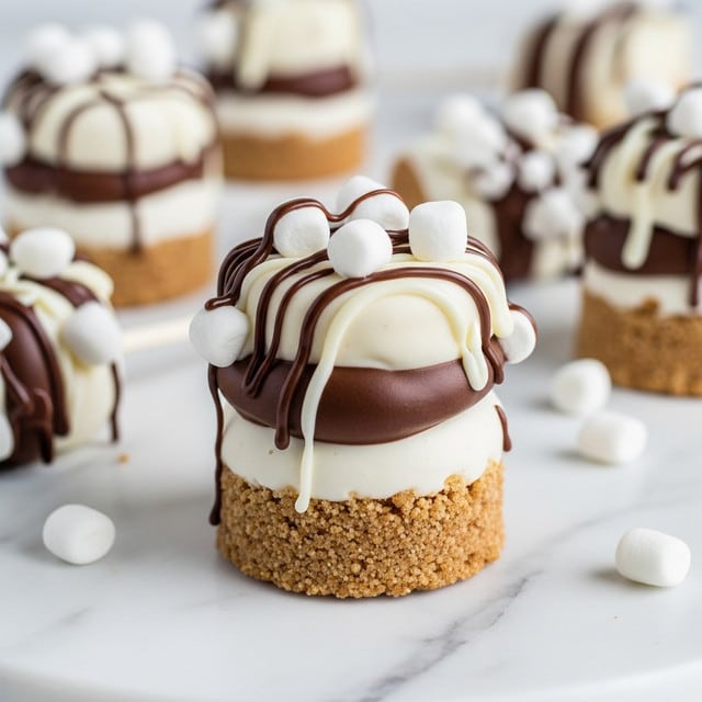 The image shows a close-up of a treat on a stick with four layers: a crumbly light brown base layer, a white drizzle layer, a dark brown chocolate drizzle layer, and small white mini marshmallows scattered on top. The treat is on a white marbled surface with other similar treats blurred in the background. photo taken with an iphone --ar 4:5 --v 7