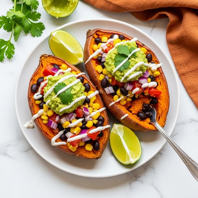 The image shows two baked sweet potato halves on a white plate placed on a white marbled texture. Each sweet potato is split open, showing a soft orange inside. The top layer is colorful and fresh, including black beans, yellow corn kernels, chopped red tomatoes, and bits of red onion spread unevenly over the orange base. Both potatoes have green guacamole dollops on top, garnished with chopped cilantro leaves and drizzled with a white sauce. On the plate near the sweet potatoes are two lime wedges. A silver fork rests inside the right potato. The background contains some cilantro sprigs, a squeezed lime half, and a rust-colored cloth, adding to the fresh and wholesome look. photo taken with an iphone --ar 4:5 --v 7