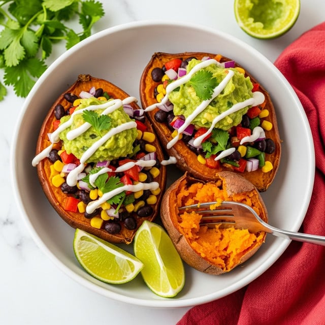 A white bowl holds two roasted sweet potato halves, split open to reveal soft orange flesh inside. Each sweet potato is topped with a colorful mix of black beans, yellow corn, chopped red peppers, diced red onion, and fresh green cilantro. At the top of each potato is a dollop of thick green guacamole, drizzled with a creamy white sauce. Two lime wedges sit at the bottom of the bowl. A fork rests inside one potato, pressing down to reveal the soft texture. The whole scene is set on a white marbled surface, with some fresh cilantro and a squeezed lime half in the background. A red cloth napkin is partially visible beside the bowl. Photo taken with an iphone --ar 4:5 --v 7