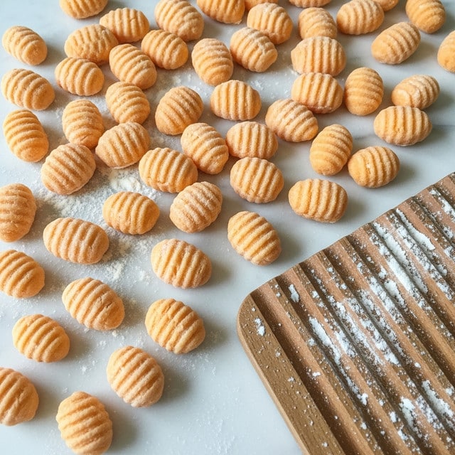 Many small gnocchi pieces are spread out on a white marbled surface dusted with white flour. Each piece is a peachy-orange color with visible ridged patterns. The gnocchi pieces vary slightly in size and shape but maintain a consistent texture. In the lower right corner, there is a wooden gnocchi board with a ridged surface, also dusted lightly with flour. The overall scene looks clean and has a natural light that creates soft shadows. photo taken with an iphone --ar 4:5 --v 7