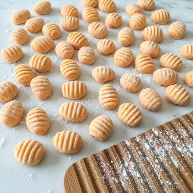 Many small pieces of orange-colored gnocchi dough with ridges cover a white marbled surface, sprinkled with white flour. A wooden gnocchi board with deep grooves and some flour on top sits near the bottom right. Each dough piece is shaped into short cylinders with clear lines from the board. The scene looks messy with flour spread unevenly across the dough and surface. Photo taken with an iphone --ar 4:5 --v 7