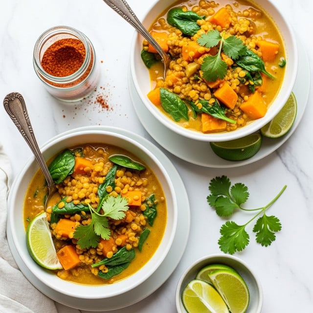 Two white bowls filled with creamy yellow lentil curry, showing soft orange chunks of sweet potato, small lentils, and dark green spinach leaves scattered throughout. Fresh green cilantro leaves are placed on top for garnish. Each bowl rests on a small white plate with lime wedges beside them. A silver spoon with detailed engravings leans inside the bowl at the top. Nearby, there is a small glass jar of red chili powder and a small bowl containing lime wedges. The whole scene is on a white marbled surface. photo taken with an iphone --ar 4:5 --v 7