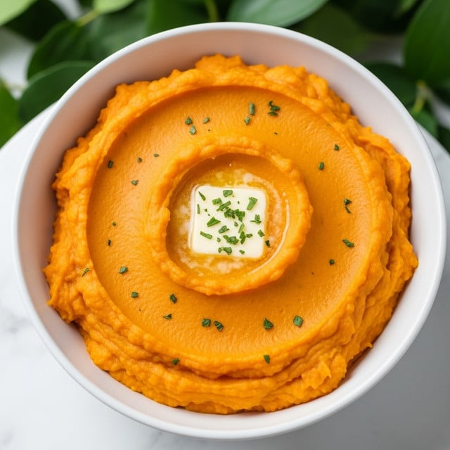 A white bowl filled with a thick, smooth layer of bright orange mashed sweet potatoes that are slightly swirled on top. In the center of the mash, there is a small square pat of melting white butter garnished with tiny green herbs scattered lightly across the surface. The bowl is placed on a white marbled surface with blurred green leaves in the background. Photo taken with an iphone --ar 4:5 --v 7