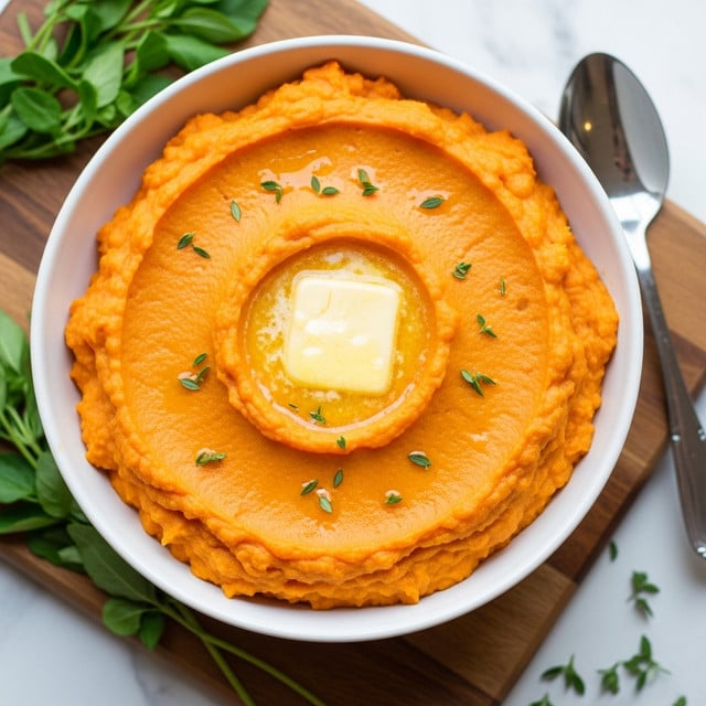 The image shows a white bowl filled with bright orange mashed sweet potatoes, smoothly textured with some small lumps. On top of the mash, there is a square piece of melting butter sitting in the middle, surrounded by small green herb sprigs scattered across the surface. The mash has a glossy shine from the melted butter, creating a slightly wavy and creamy appearance. The bowl is placed on a wooden board with some fresh green herbs beside it and a silver spoon resting on the board. The background features a white marbled texture underneath the board, adding a clean and simple look. photo taken with an iphone --ar 4:5 --v 7