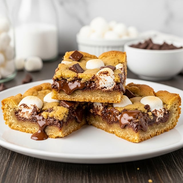 Three square pieces of warm baked dessert bars are stacked on a white round plate. Each piece has a golden-brown cookie crust base and top layer, with gooey melted chocolate chunks and soft white marshmallow bits visible inside and on top. The texture is soft yet slightly crisp on the edges, with glossy melted chocolate pools on the surface. The plate is placed on a dark wooden table with a white marbled texture in the background, with blurred kitchen items behind it like a white bowl filled with marshmallows and chocolate chips. Photo taken with an iphone --ar 4:5 --v 7
