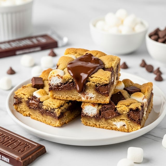 Three square pieces of gooey s'mores cookie bars are stacked on a white plate, each bar showing layers of golden-brown baked cookie dough with melted dark brown chocolate chunks and small white marshmallow bits. The top piece reveals oozing, shiny melted chocolate on its surface. The plate sits on a white marbled surface, with an open Hershey's chocolate bar, a bowl of small white marshmallows, and another bowl of chocolate chips blurred in the background. Photo taken with an iphone --ar 4:5 --v 7