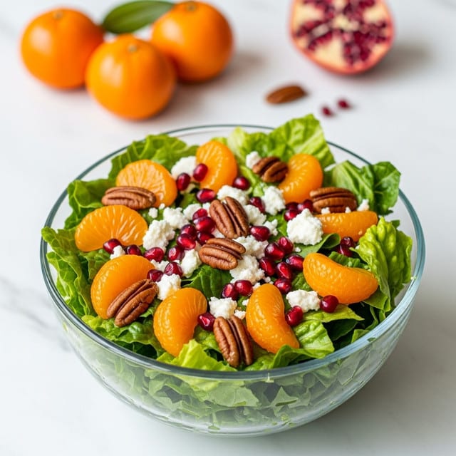 A clear glass bowl holds a bright green salad with layers of fresh lettuce leaves at the base. On top are scattered deep red pomegranate seeds and small clusters of brown pecans, adding texture. Bright orange mandarin slices are placed evenly across the salad, contrasting with crumbled white cheese sprinkled over it all. Three whole mandarins sit blurred in the background on a white marbled surface, with another pecan and a single pomegranate seed resting nearby. photo taken with an iphone --ar 4:5 --v 7